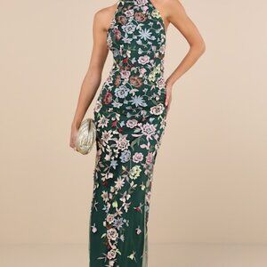 Lulus Infinite Praise Emerald 3d Floral Embroidered Halter Maxi Dress Green